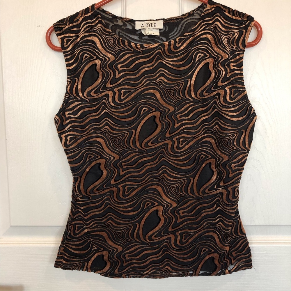 A. Byer Y2K top layered front sheer back psychedelic print black and gold Size L